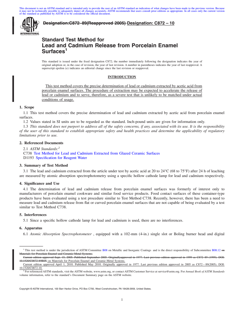 REDLINE ASTM C872-10 - Standard Test Method for Lead and Cadmium Release from Porcelain Enamel Surfaces