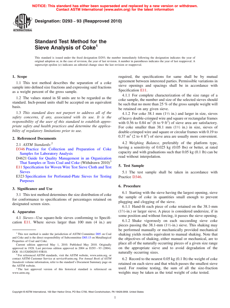 ASTM D293-93(2010) - Standard Test Method for the Sieve Analysis of Coke