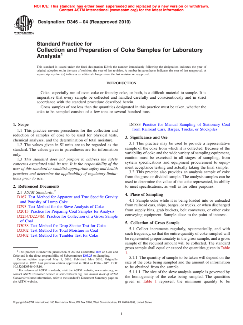 ASTM D346-04(2010) - Standard Practice for Collection and Preparation of Coke Samples for Laboratory Analysis