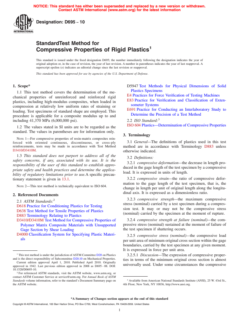ASTM D695-10 - Standard Test Method for  Compressive Properties of Rigid Plastics
