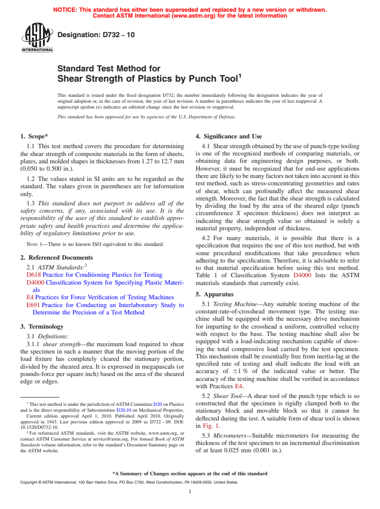 ASTM D732-10 - Standard Test Method for Shear Strength of Plastics by Punch Tool