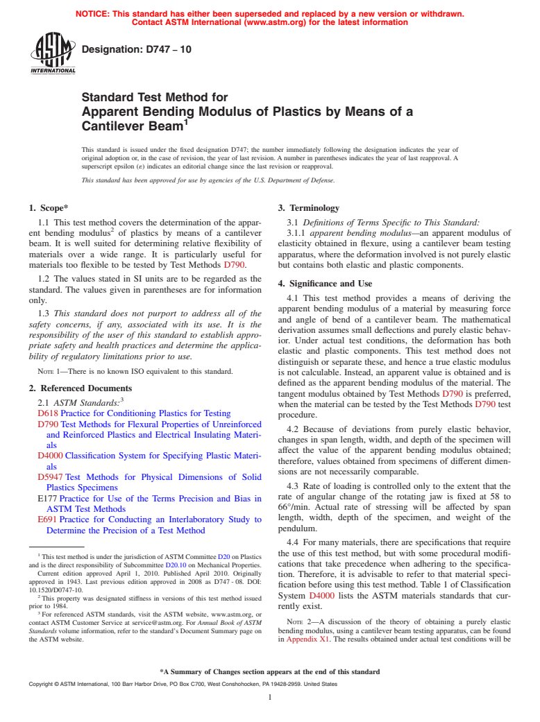 ASTM D747-10 - Standard Test Method for  Apparent Bending Modulus of Plastics by Means of a Cantilever Beam (Withdrawn 2019)