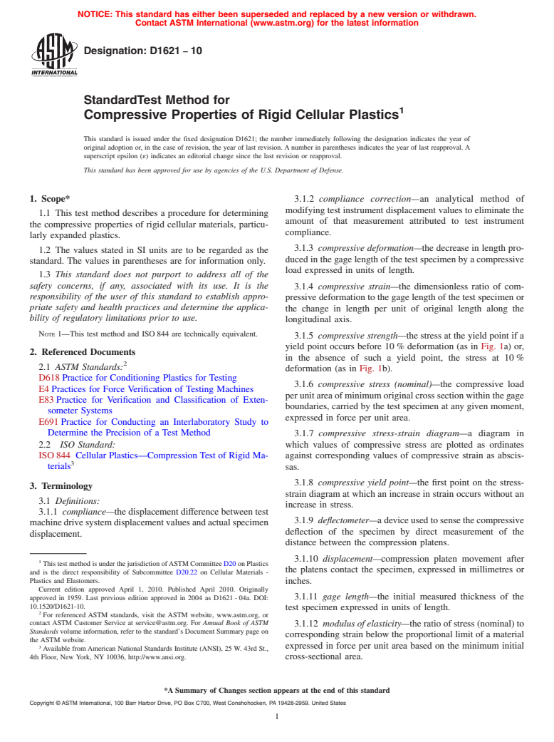 ASTM D1621-10 - Standard Test Method for Compressive Properties Of Rigid Cellular Plastics