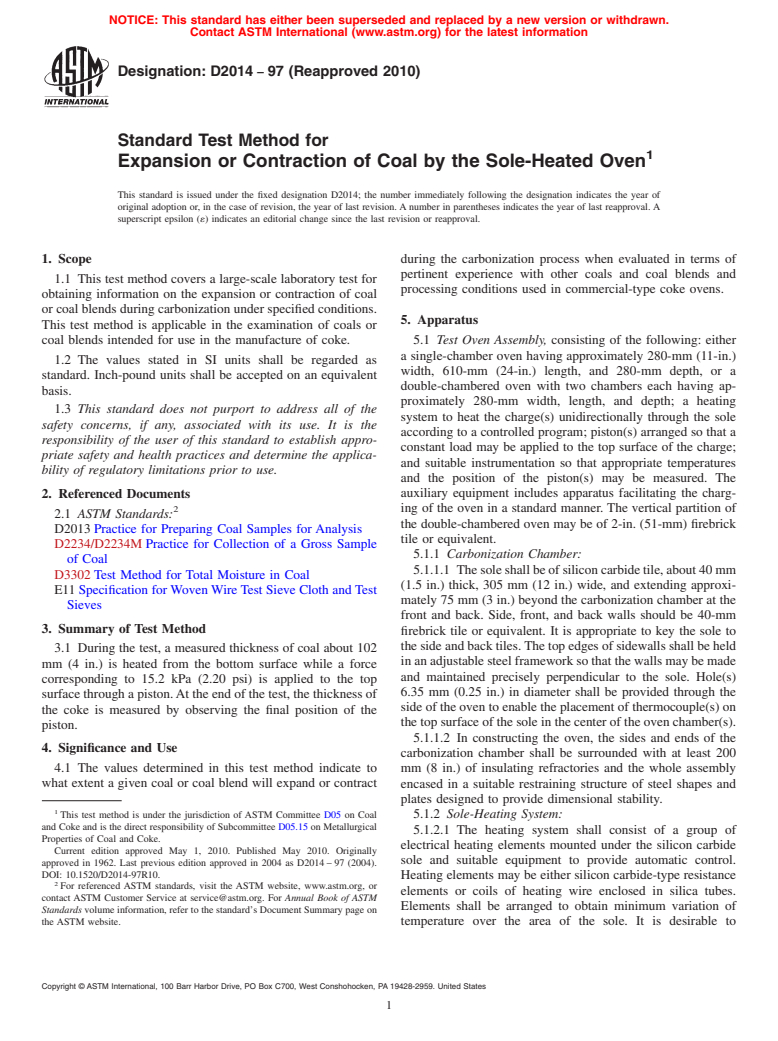 ASTM D2014-97(2010) - Standard Test Method for Expansion or Contraction of Coal by the Sole-Heated Oven