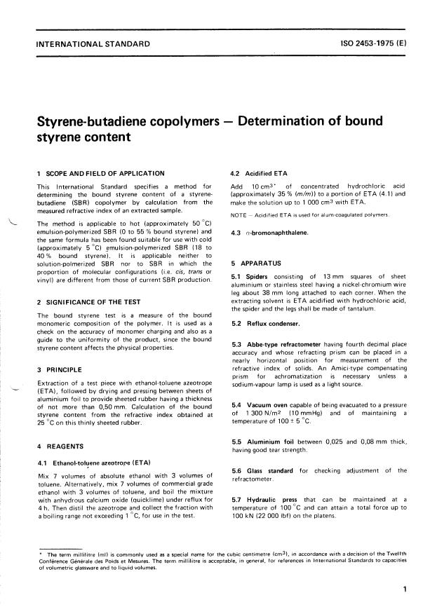 ISO 2453:1975 - Styrene-butadiene copolymers -- Determination of bound styrene content