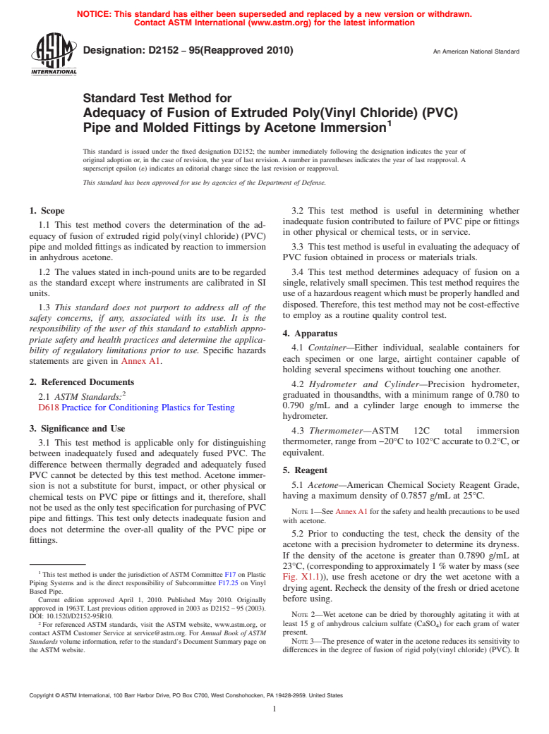 ASTM D2152-95(2010) - Standard Test Method for Adequacy of Fusion of Extruded Poly(Vinyl Chloride) (PVC) Pipe and Molded Fittings by Acetone Immersion