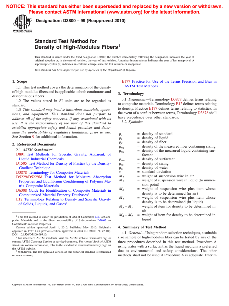 ASTM D3800-99(2010) - Standard Test Method for Density of High-Modulus Fibers