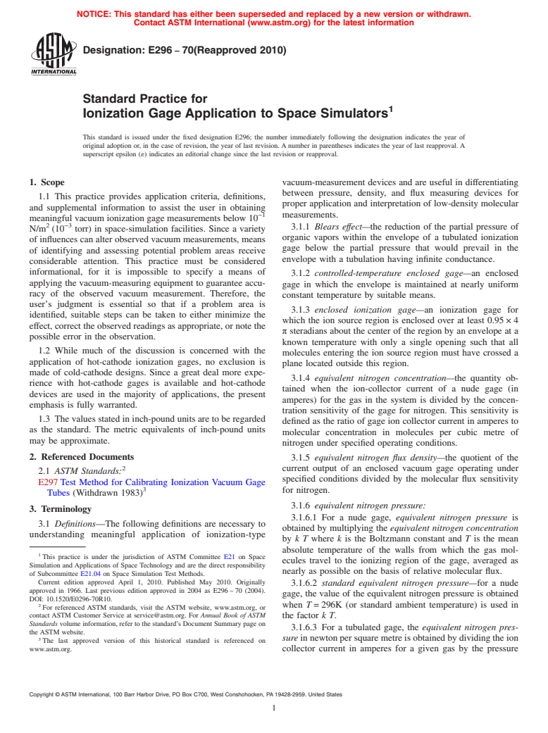 ASTM E296-70(2010) - Standard Practice for Ionization Gage Application to Space Simulators