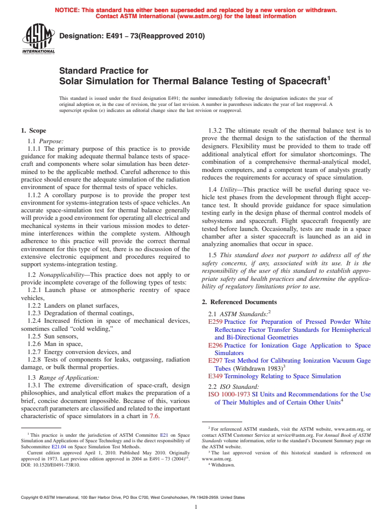 ASTM E491-73(2010) - Standard Practice for Solar Simulation for Thermal Balance Testing of Spacecraft