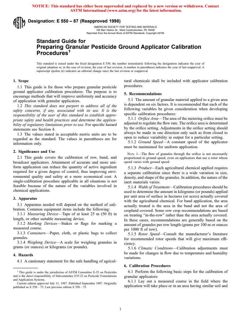 ASTM E550-87(1998) - Standard Guide for Preparing Granular Pesticide Ground Applicator Calibration Procedures