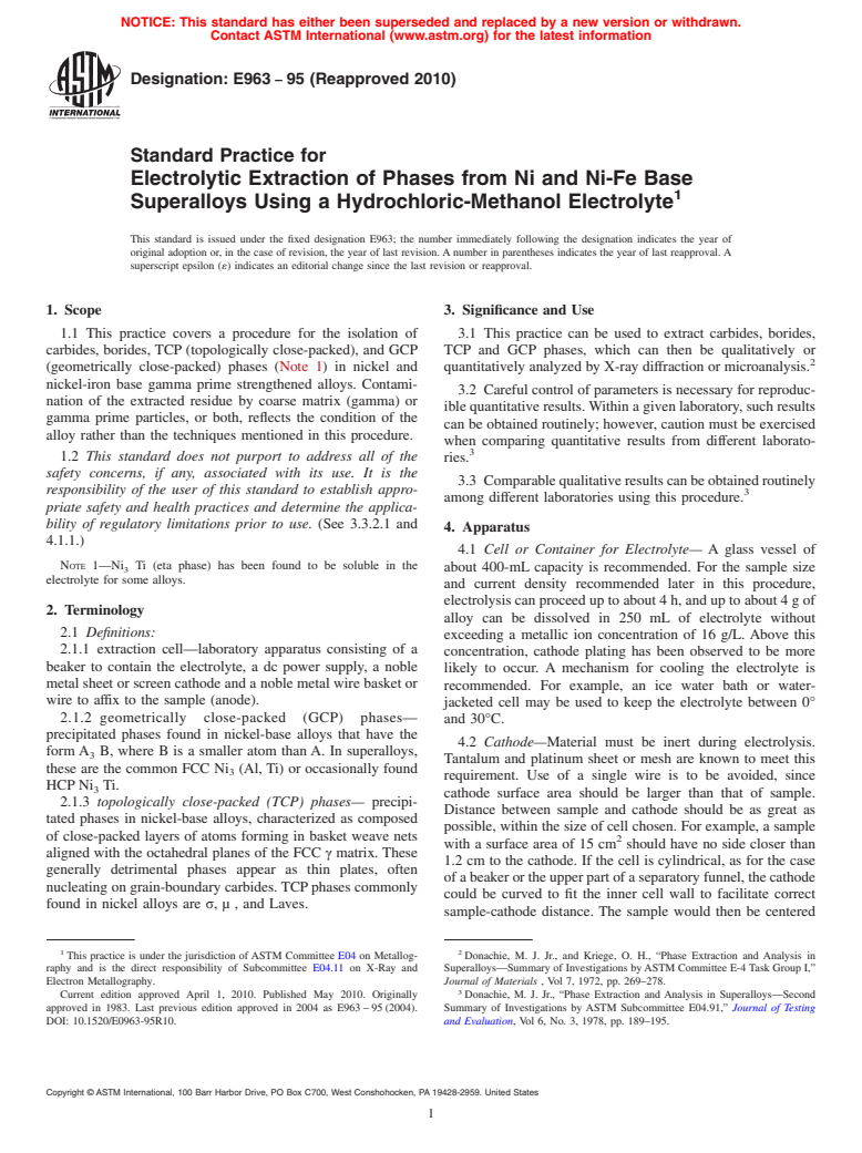 ASTM E963-95(2010) - Standard Practice for Electrolytic Extraction of Phases from Ni and Ni-Fe Base Superalloys Using a Hydrochloric-Methanol Electrolyte