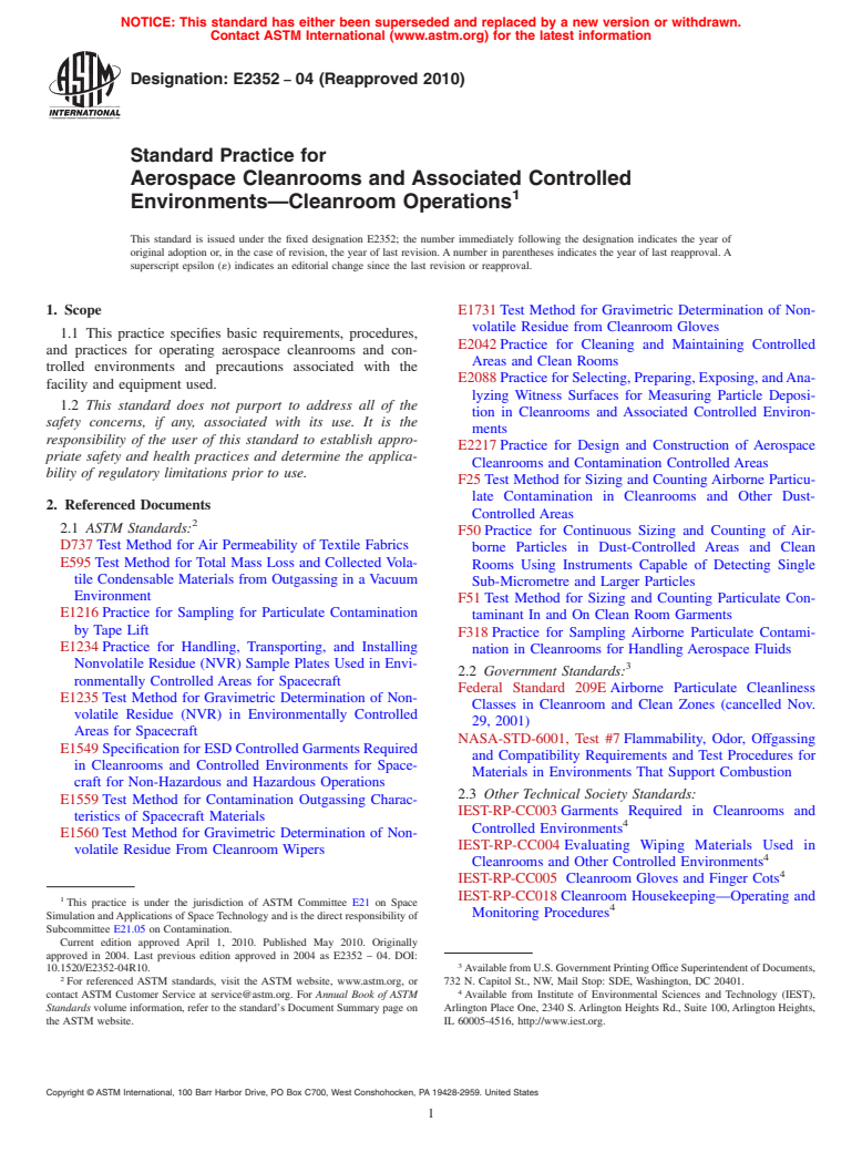 ASTM E2352-04(2010) - Standard Practice for Aerospace Cleanrooms and Associated Controlled Environments-Cleanroom Operations