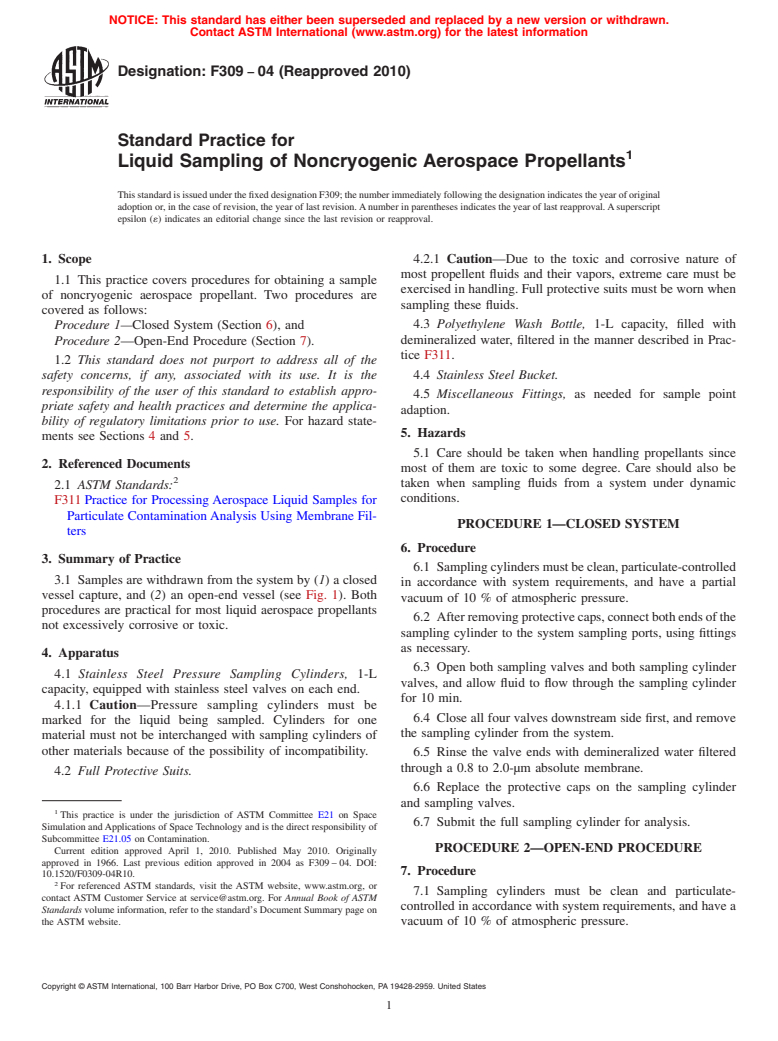 ASTM F309-04(2010) - Standard Practice for Liquid Sampling of Noncryogenic Aerospace Propellants