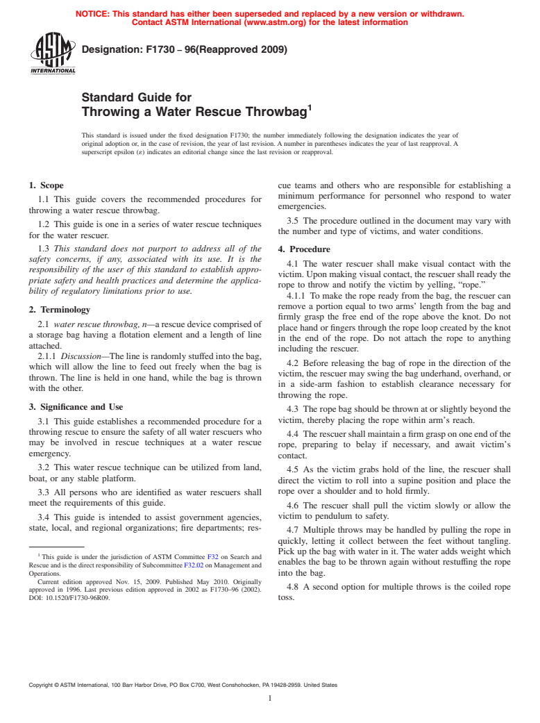 ASTM F1730-96(2009) - Standard Guide for Throwing a Water Rescue Throwbag