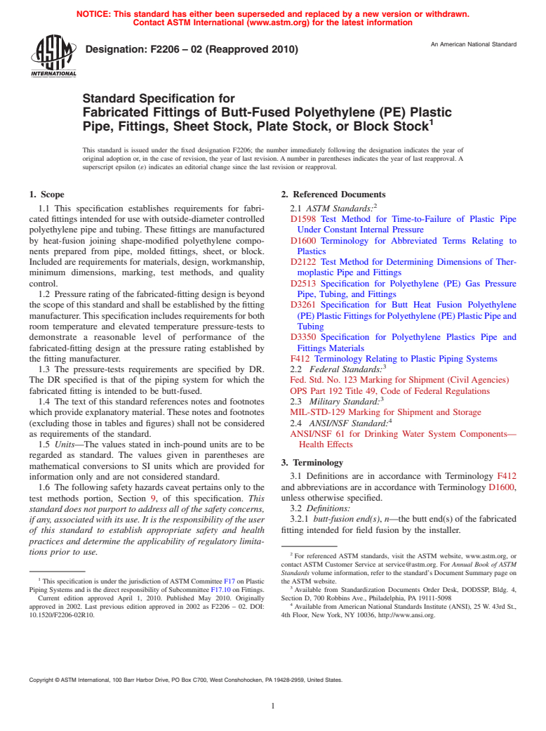 ASTM F2206-02(2010) - Standard Specification for Fabricated Fittings of Butt-Fused Polyethylene (PE) Plastic Pipe, Fittings, Sheet Stock, Plate Stock, or Block Stock