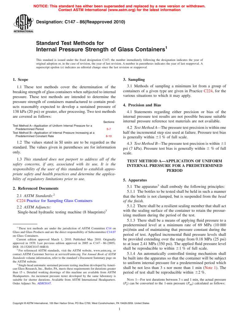 ASTM C147-86(2010) - Standard Test Methods for Internal Pressure Strength of Glass Containers