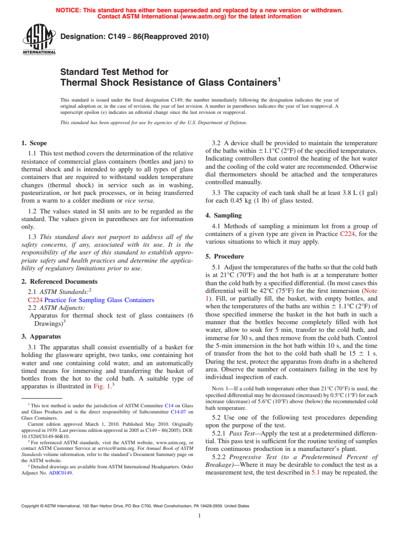 ASTM C149-86(2010) - Standard Test Method for Thermal Shock Resistance of Glass Containers