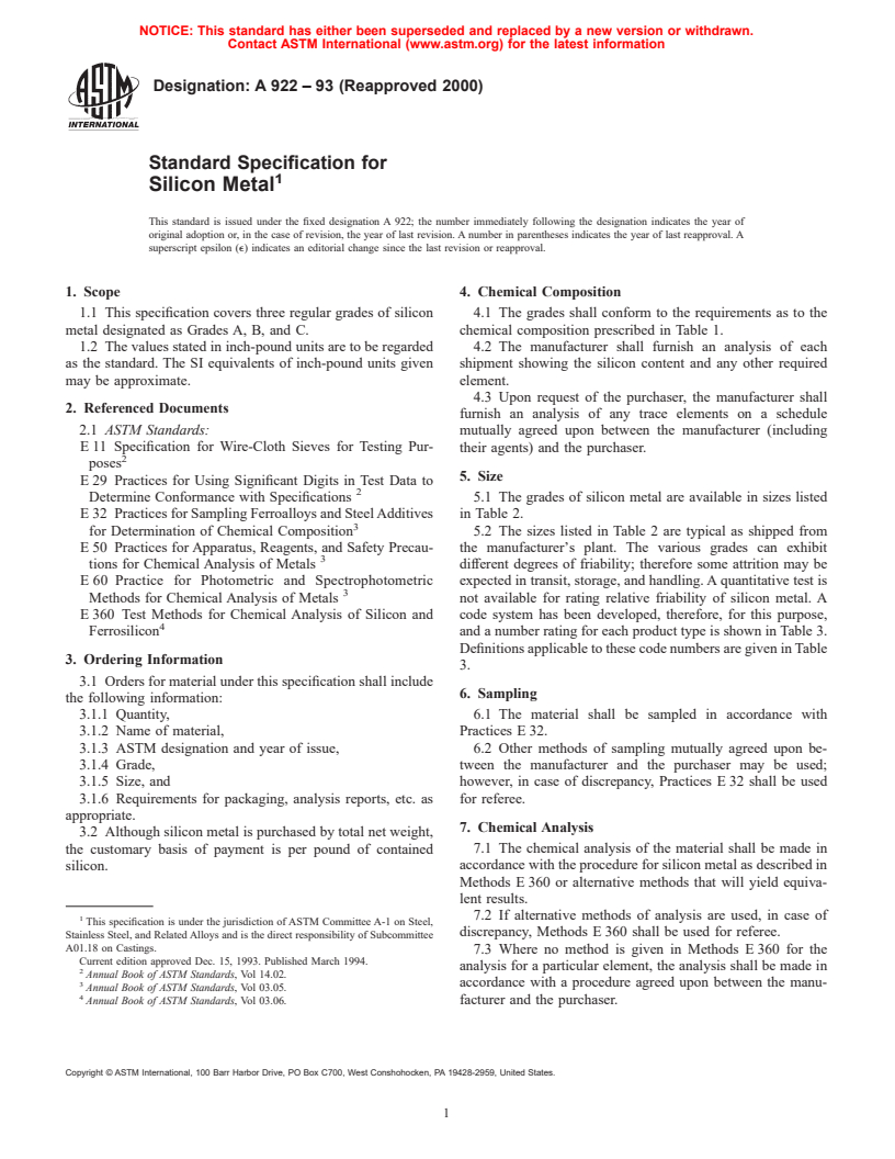 ASTM A922-93(2000) - Standard Specification for Silicon Metal