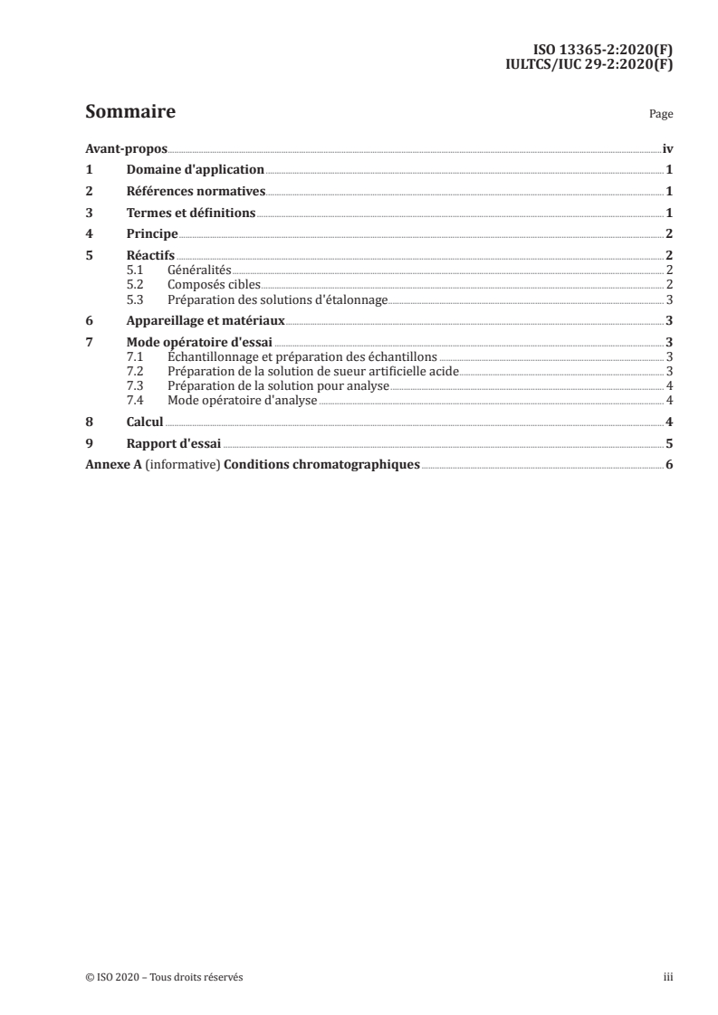 ISO 13365-2:2020 ISO 13365-2:2020 - Cuir — Dosage chimique des agents de conservation (TCMTB, PCMC, OPP, OIT) dans le cuir par chromatographie en phase liquide — Partie 2: Extraction à la sueur artificielle
Released:8/3/2020