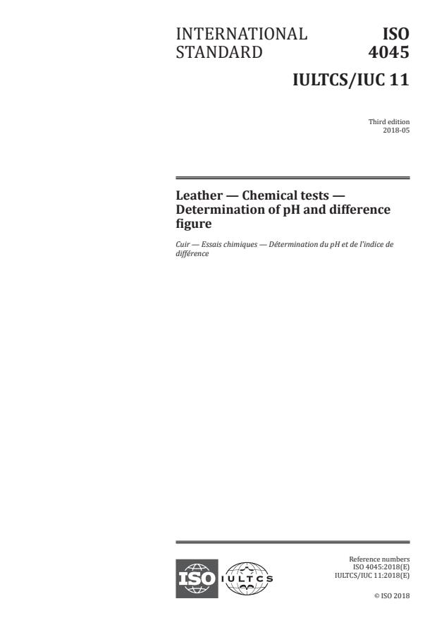 ISO 4045:2018 - Leather -- Chemical tests --  Determination of pH and difference figure