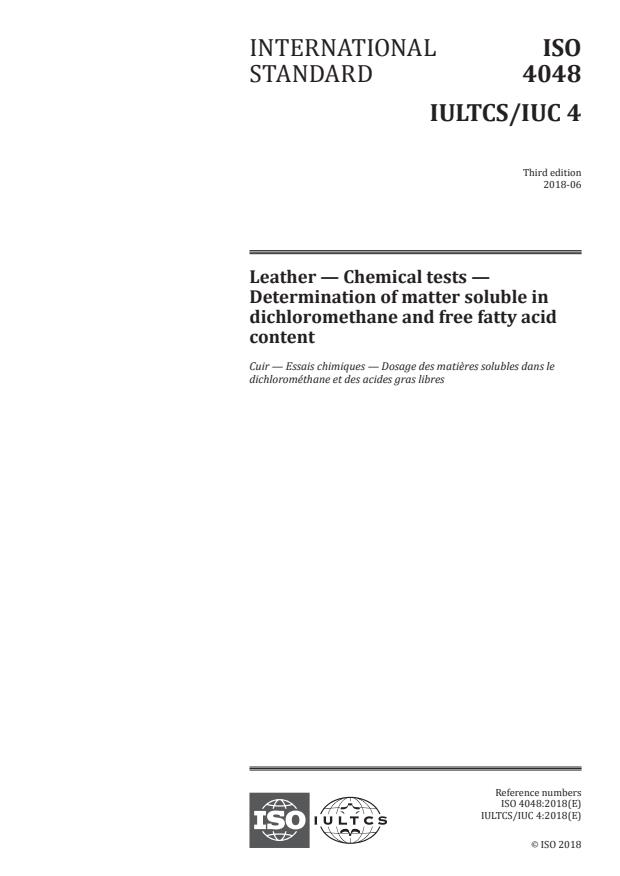 ISO 4048:2018 - Leather -- Chemical tests -- Determination of matter soluble in dichloromethane and free fatty acid content