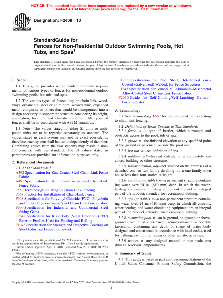 ASTM F2409-10 - Standard Guide for Fences for Non-Residential Outdoor Swimming Pools, Hot Tubs, and Spas