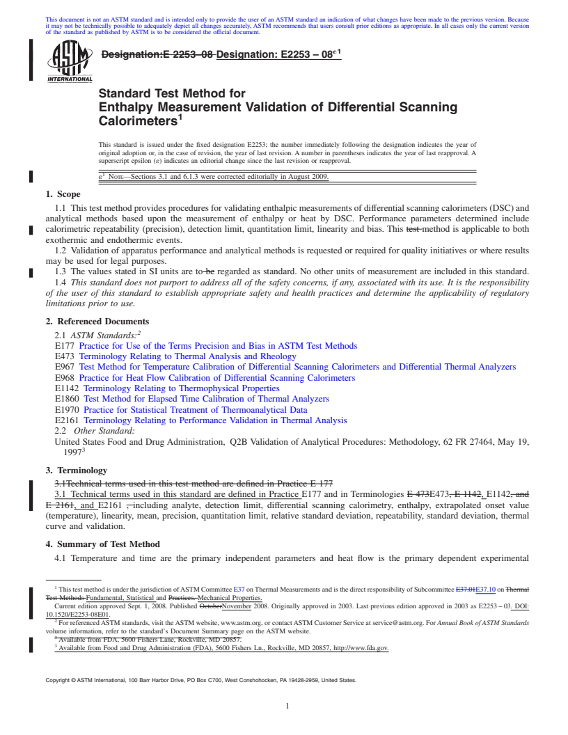 REDLINE ASTM E2253-08e1 - Standard Method for Enthalpy Measurement Validation of Differential Scanning Calorimeters