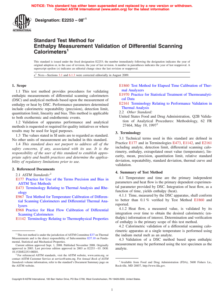 ASTM E2253-08e1 - Standard Method for Enthalpy Measurement Validation of Differential Scanning Calorimeters