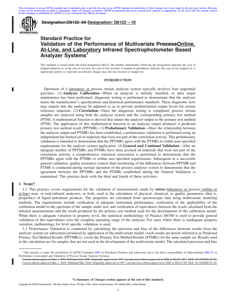 REDLINE ASTM D6122-10 - Standard Practice for Validation of the Performance of Multivariate Online, At-Line, and Laboratory Infrared Spectrophotometer Based Analyzer Systems