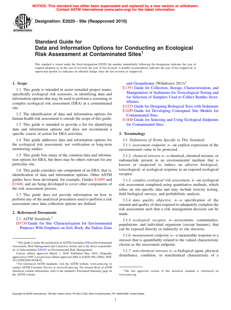 ASTM E2020-99a(2010) - Standard Guide for Data and Information Options for Conducting an Ecological Risk Assessment at Contaminated Sites