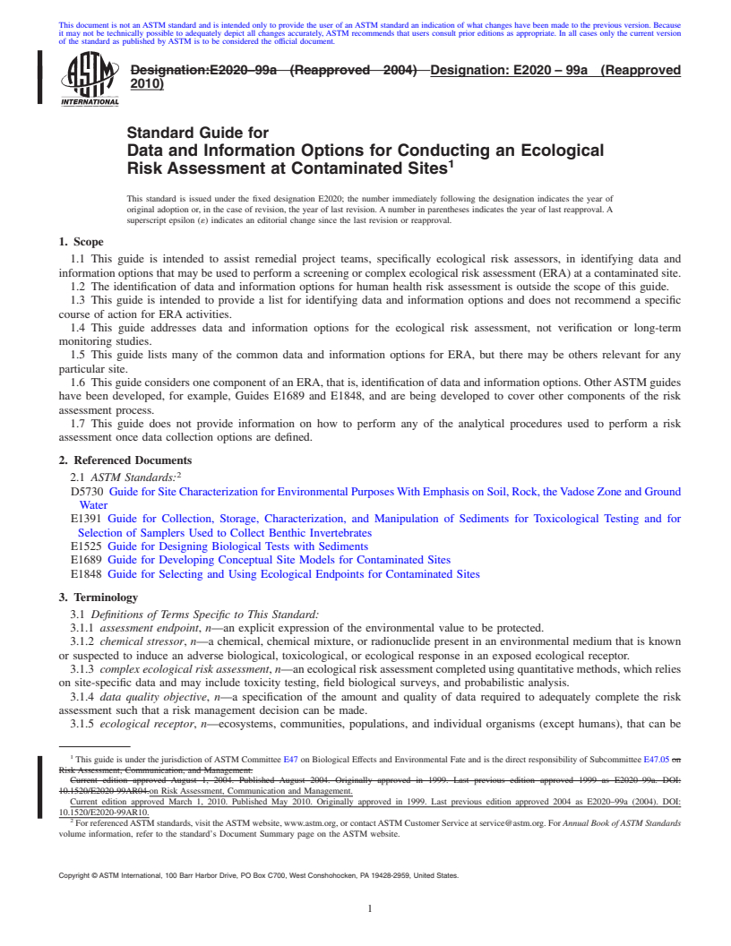 REDLINE ASTM E2020-99a(2010) - Standard Guide for Data and Information Options for Conducting an Ecological Risk Assessment at Contaminated Sites