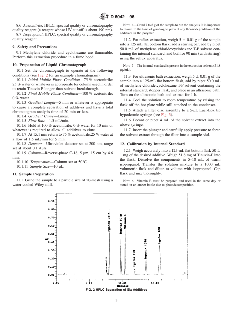 ASTM D6042-96 - Standard Test Method for Determination of Phenolic Antioxidants and Erucamide Slip Additives in Polypropylene Homopolymer Formulations Using Liquid Chromatography (LC)