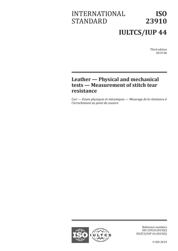 ISO 23910:2019 - Leather -- Physical and mechanical tests -- Measurement of stitch tear resistance
