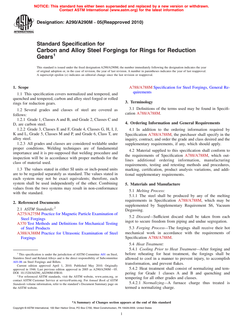 ASTM A290/A290M-05(2010) - Standard Specification for Carbon and Alloy Steel Forgings for Rings for Reduction Gears