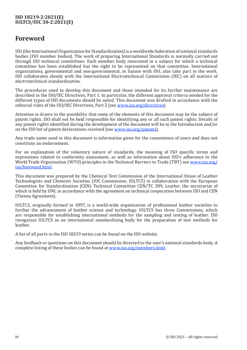 ISO 18219-2:2021 ISO 18219-2:2021 - Leather — Determination of chlorinated hydrocarbons in leather — Part 2: Chromatographic method for middle-chain chlorinated paraffins (MCCPs)
Released:5/21/2021 - Page 4 preview