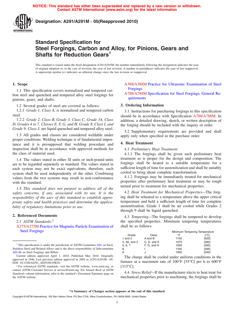 ASTM A291/A291M-05(2010) - Standard Specification for Steel Forgings, Carbon and Alloy, for Pinions, Gears and Shafts for Reduction Gears