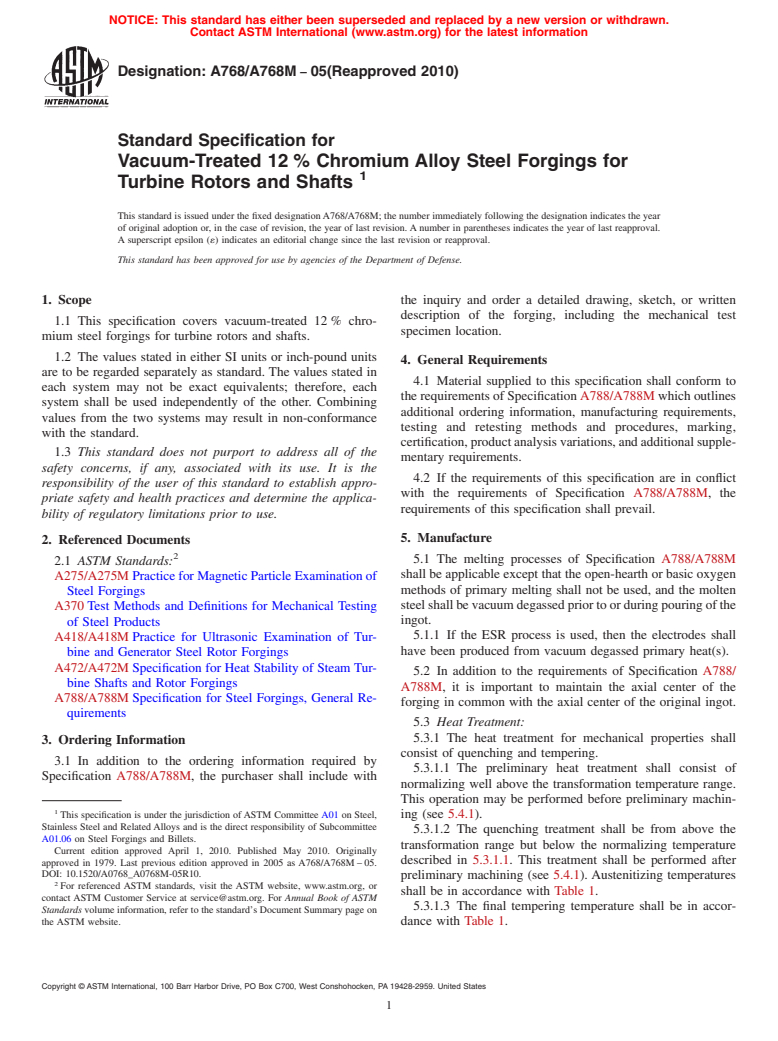 ASTM A768/A768M-05(2010) - Standard Specification for Vacuum-Treated 12 % Chromium Alloy Steel Forgings for Turbine Rotors and Shafts