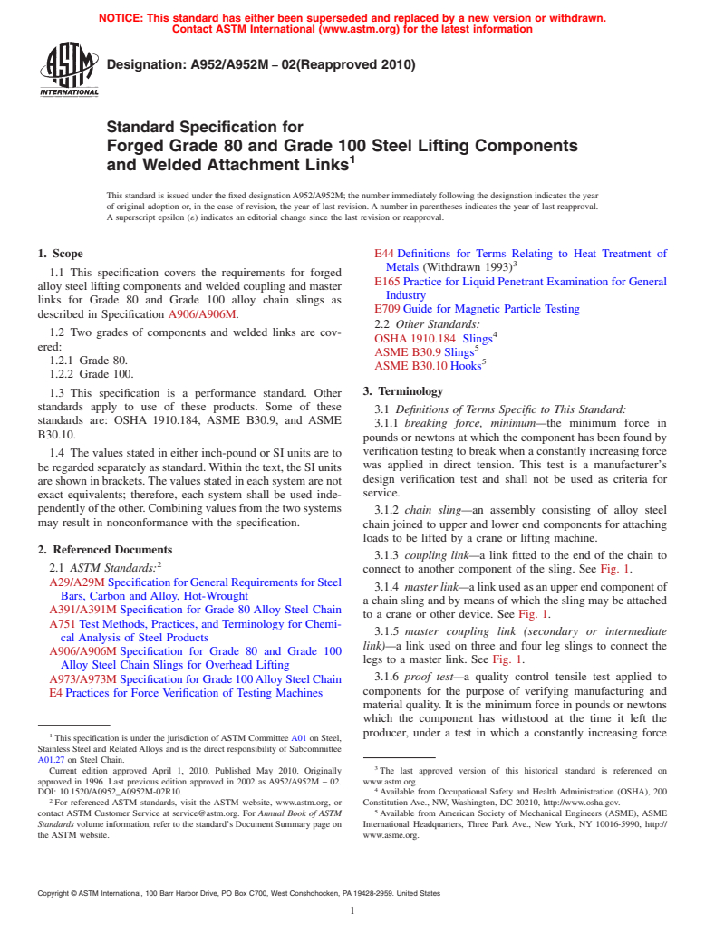 ASTM A952/A952M-02(2010) - Standard Specification for Forged Grade 80 and Grade 100 Steel Lifting Components and Welded Attachment Links