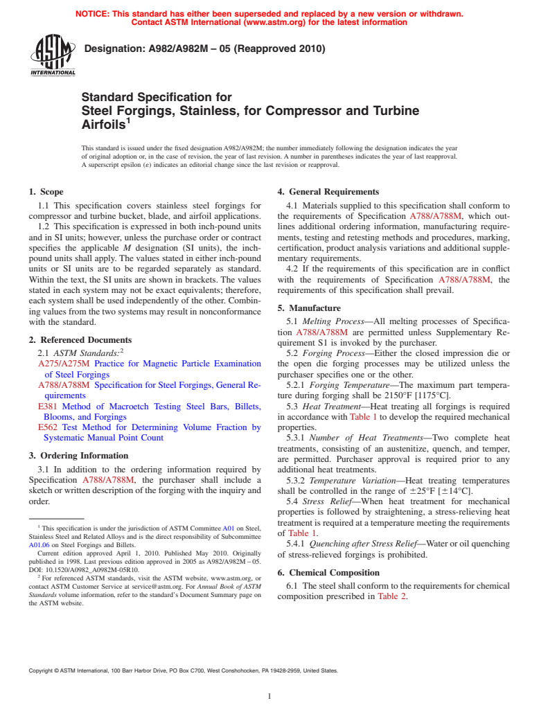 ASTM A982/A982M-05(2010) - Standard Specification for Steel Forgings, Stainless, for Compressor and Turbine Airfoils