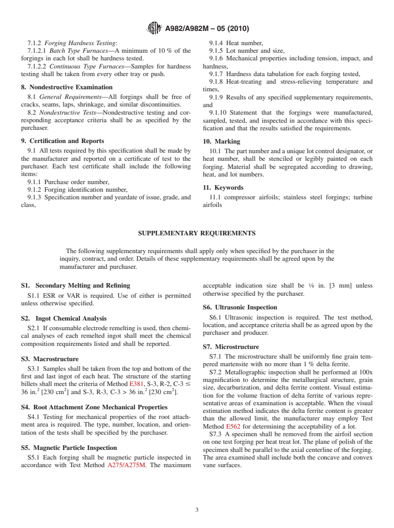 ASTM A982/A982M-05(2010) - Standard Specification for Steel Forgings, Stainless, for Compressor and Turbine Airfoils