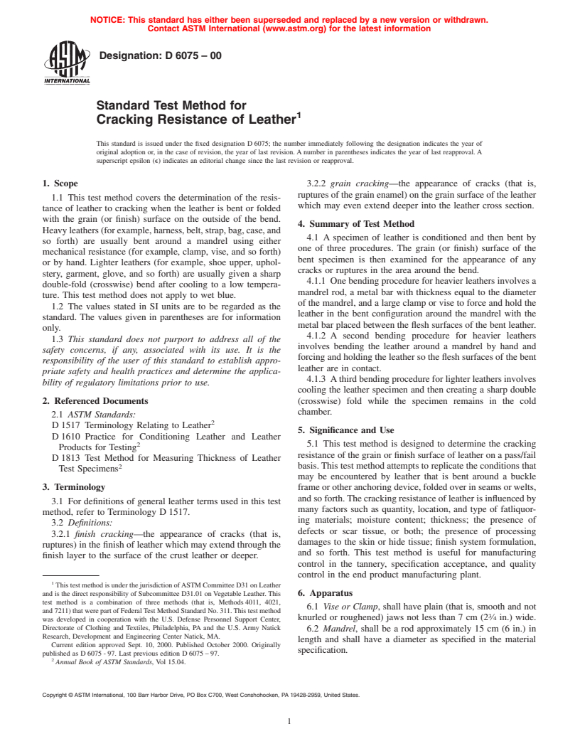 ASTM D6075-00 - Standard Test Method for Cracking Resistance of Leather