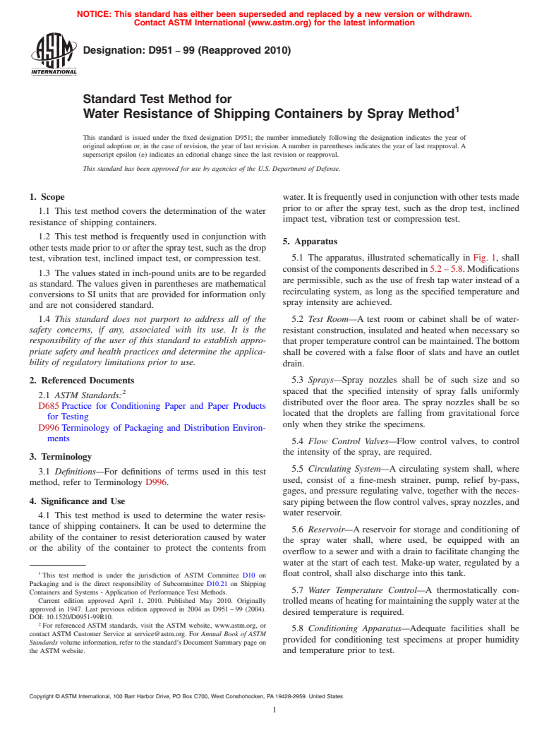 ASTM D951-99(2010) - Standard Test Method for Water Resistance of Shipping Containers by Spray Method