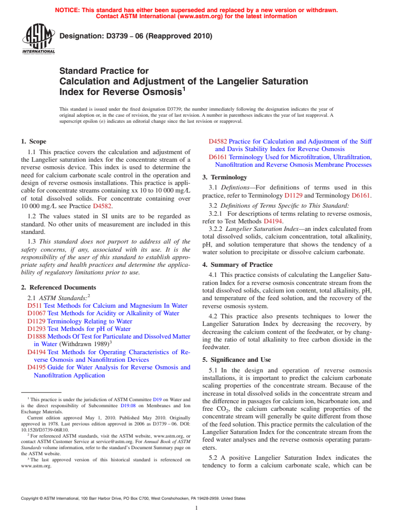 ASTM D3739-06(2010) - Standard Practice for Calculation and Adjustment of the Langelier Saturation Index for Reverse Osmosis (Withdrawn 2019)