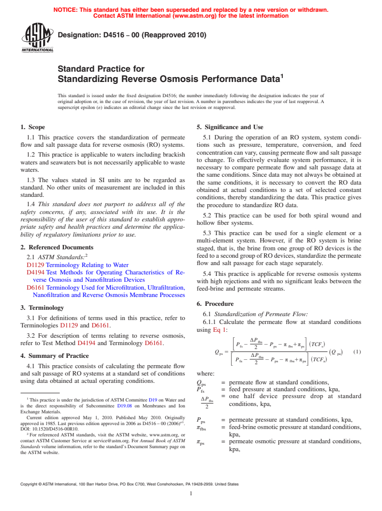 ASTM D4516-00(2010) - Standard Practice for Standardizing Reverse Osmosis Performance Data (Withdrawn 2019)