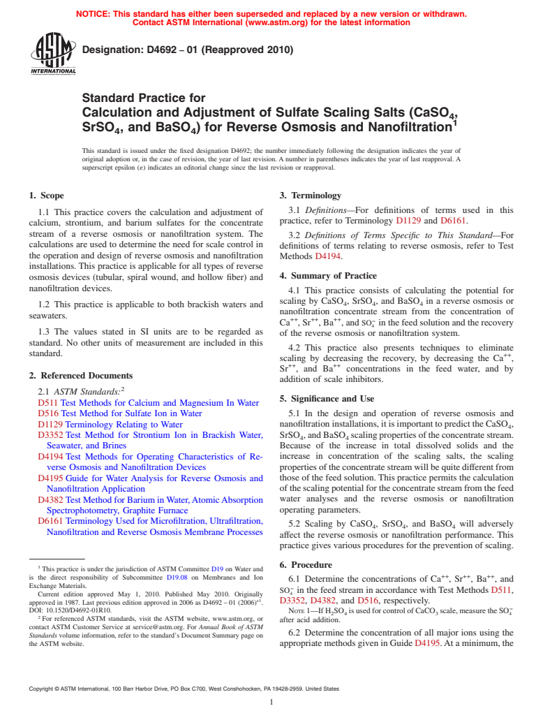 ASTM D4692-01(2010) - Standard Practice for Calculation and Adjustment of Sulfate Scaling Salts (CaSO<sub>4</sub>, SrSO<sub>4</sub>, and BaSO<sub>4</sub>) for Reverse Osmosis and Nanofiltration