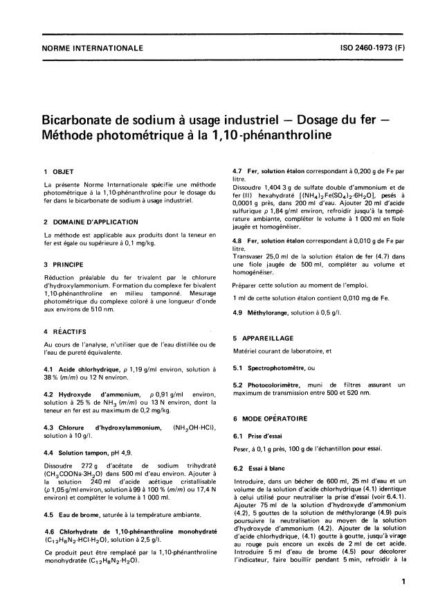 ISO 2460:1973 - Bicarbonate de sodium a usage industriel -- Dosage du fer -- Méthode photométrique a la 1,10- phénanthroline