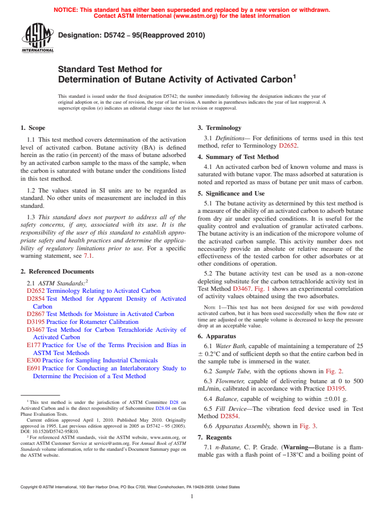 ASTM D5742-95(2010) - Standard Test Method for Determination of Butane Activity of Activated Carbon