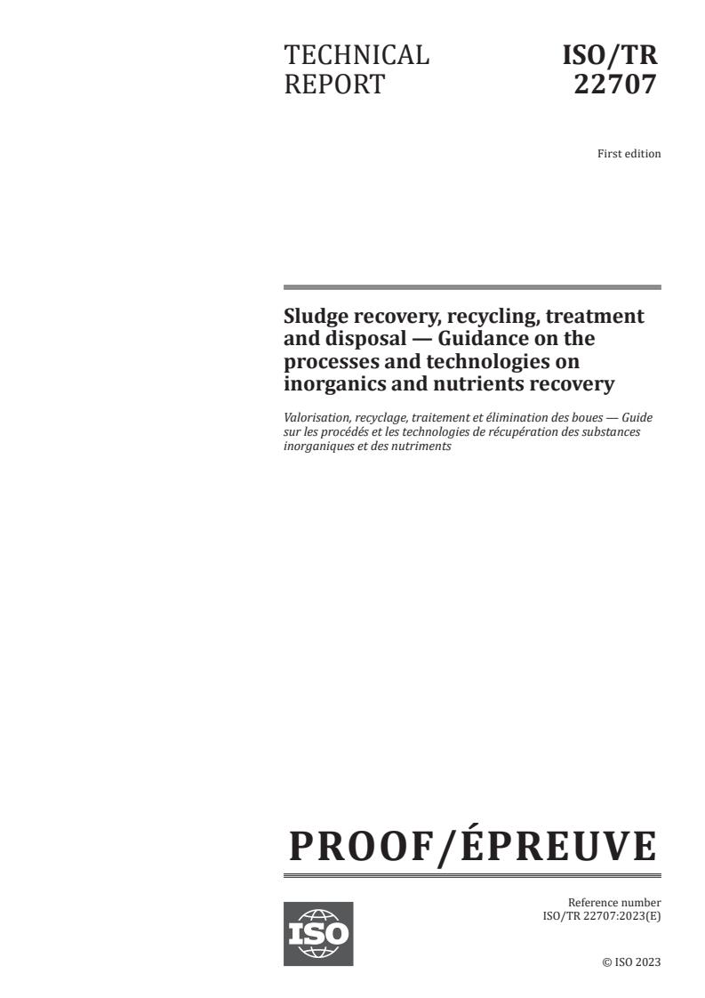 ISO/PRF TR 22707 - Sludge recovery, recycling, treatment and disposal — Guidance on the processes and technologies on inorganics and nutrients recovery
Released:24. 04. 2023