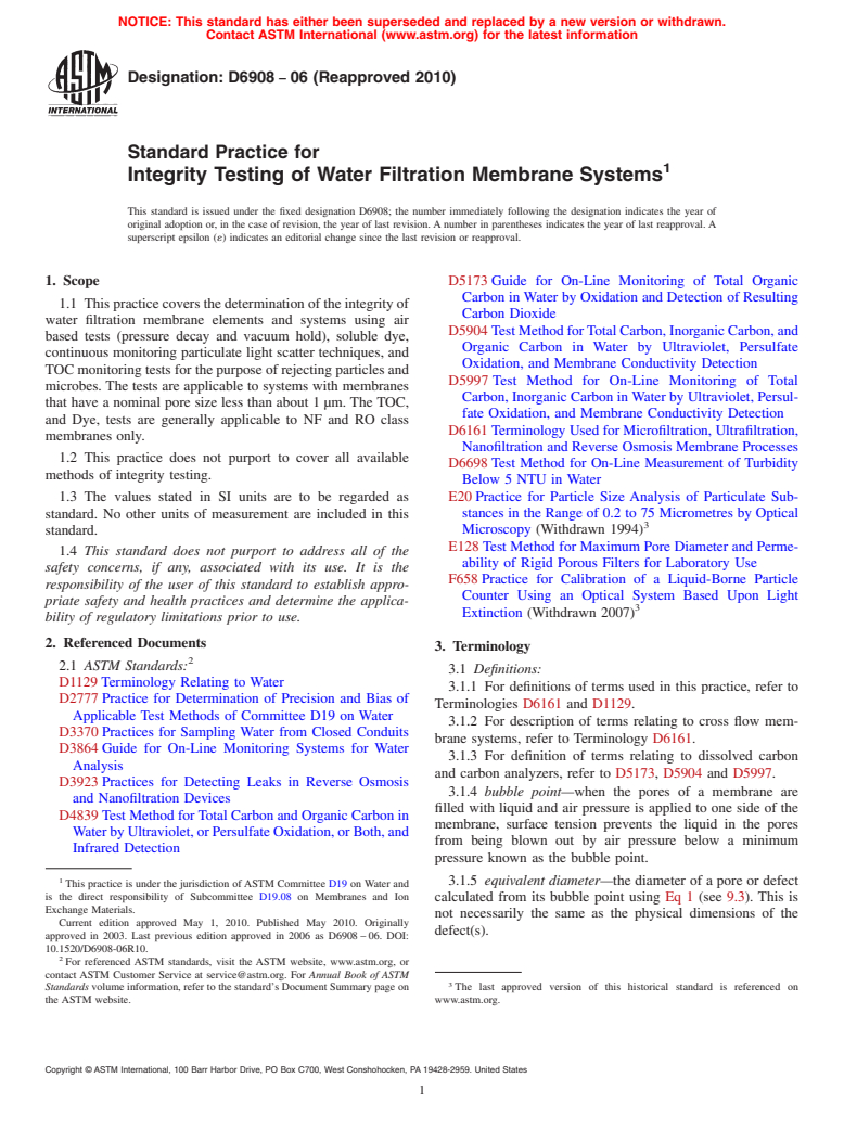 ASTM D6908-06(2010) - Standard Practice for Integrity Testing of Water Filtration Membrane Systems