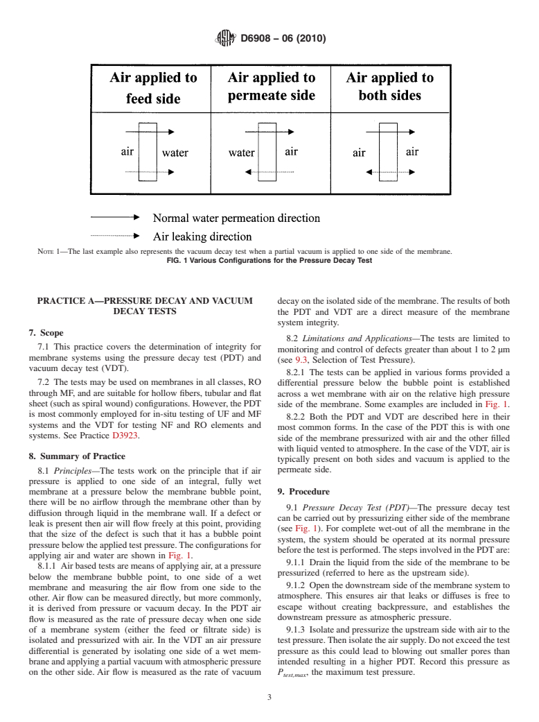 ASTM D6908-06(2010) - Standard Practice for Integrity Testing of Water Filtration Membrane Systems